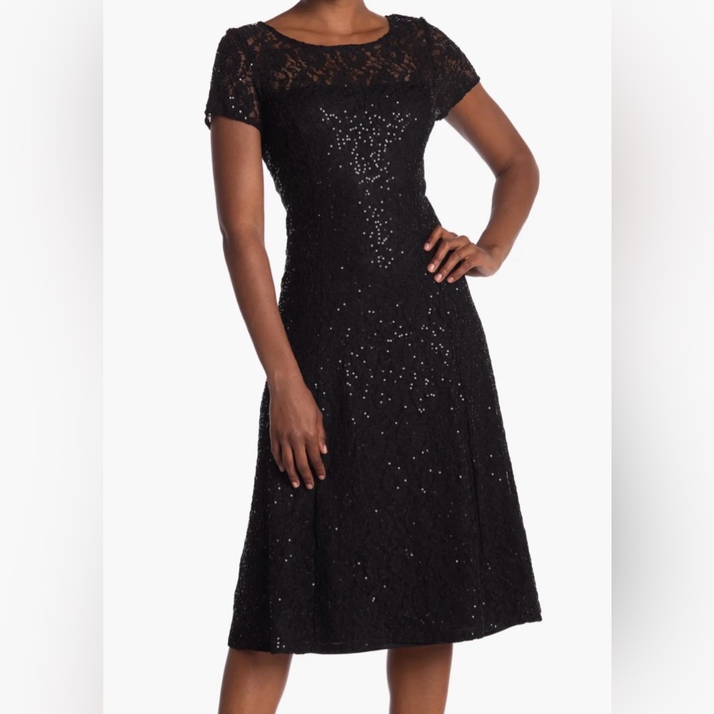 SLNY Cap Sleeve Metallic Lace Dress